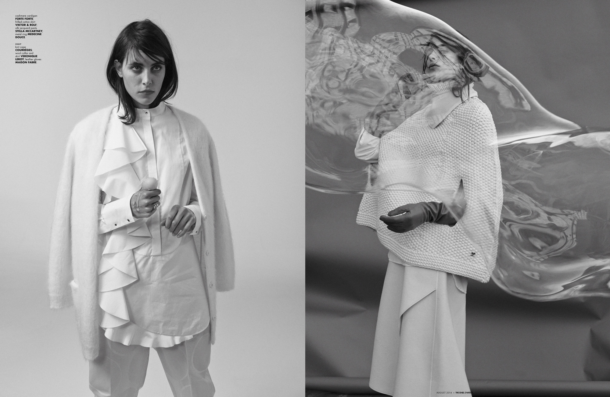 cashmere cardigan FORTE FORTE; frilled cotton shirt VIKTOR & ROLF; silk jacquard pants STELLA MCCARTNEY; metal ring MEDECINE DOUCE. right: knit cape COURRÈGES; wool collar and skirt VERONIQUE LEROY; leather gloves MAISON FABRE.