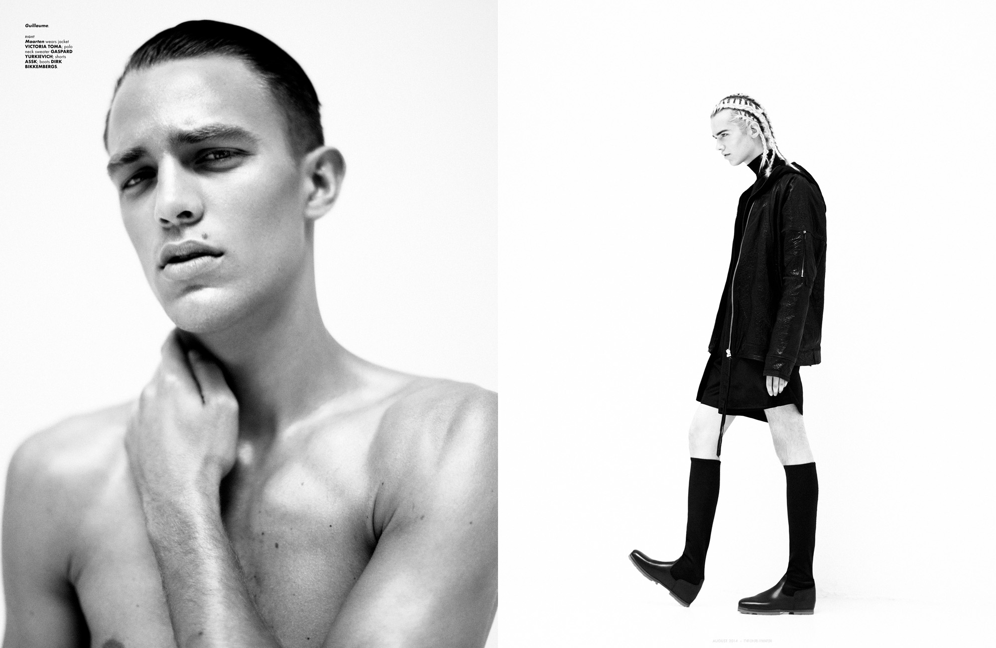 Guillaume. right Maarten wears jacket VICTORIA TOMA; polo neck sweater GASPARD YURKIEVICH; shorts ASSK; boots DIRK BIKKEMBERGS.