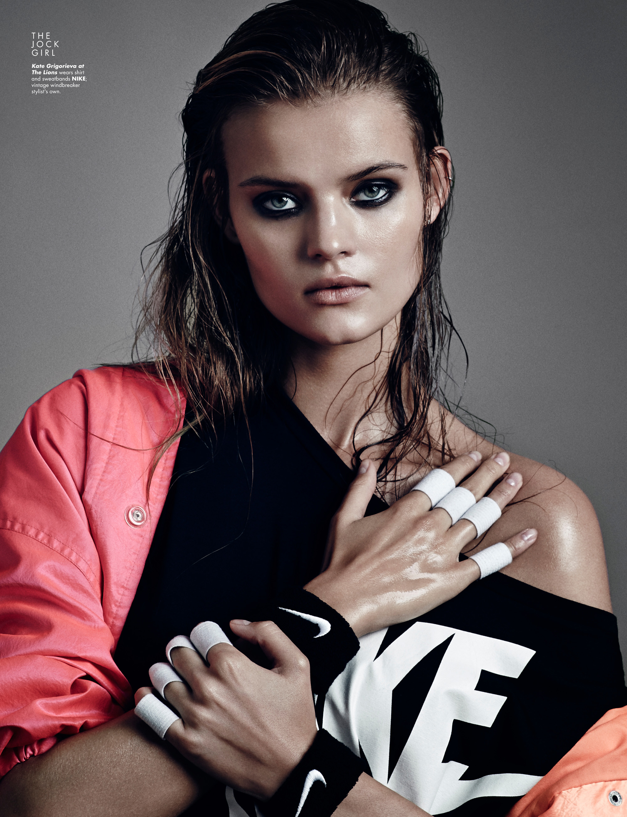 Kate Grigorieva at The Lions wears shirt and sweatbands NIKE; vintage windbreaker stylist's own.