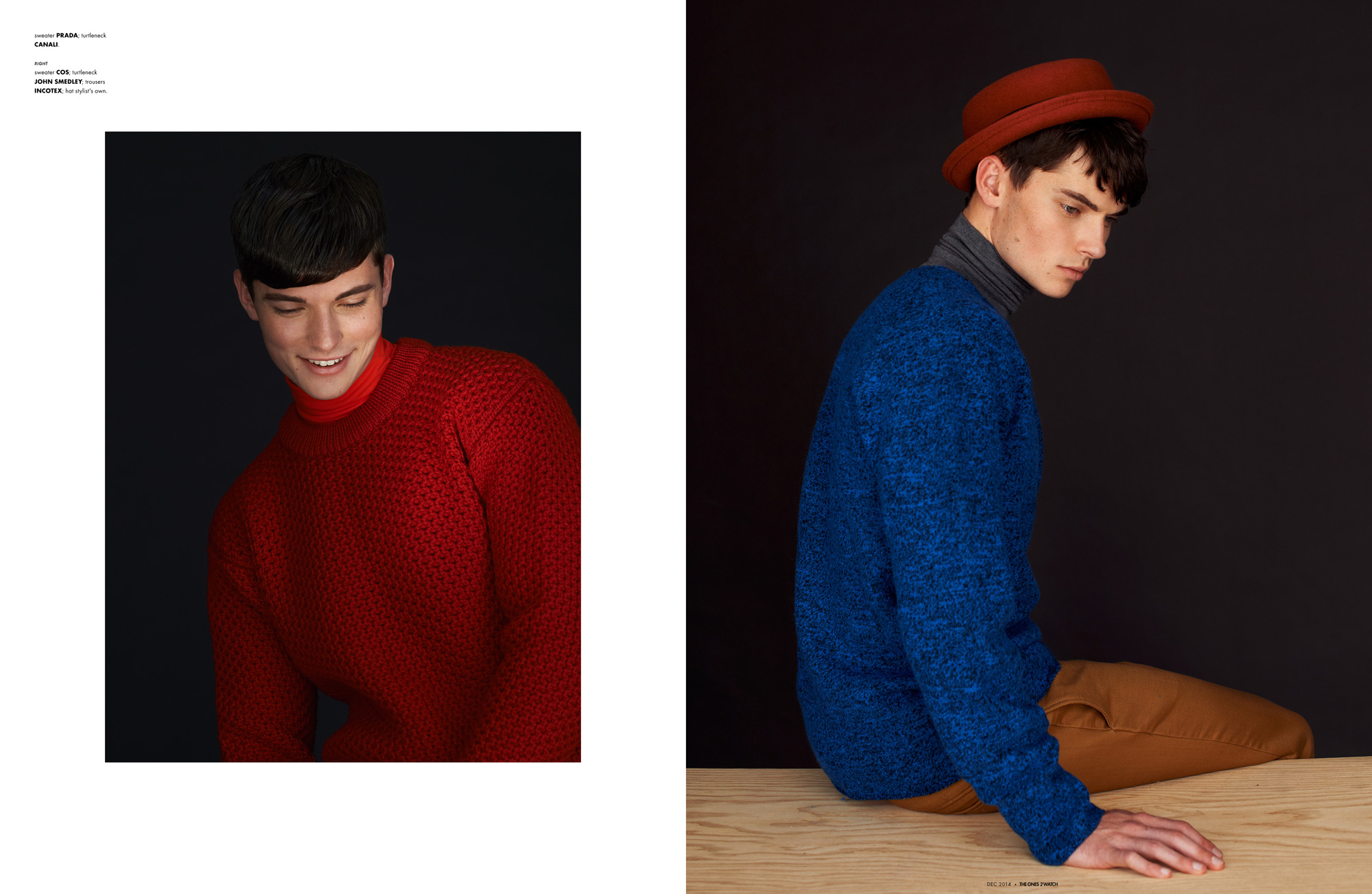 sweater PRADA; turtleneck CANALI. right: sweater COS; turtleneck JOHN SMEDLEY; trousers INCOTEX; hat stylist's own.