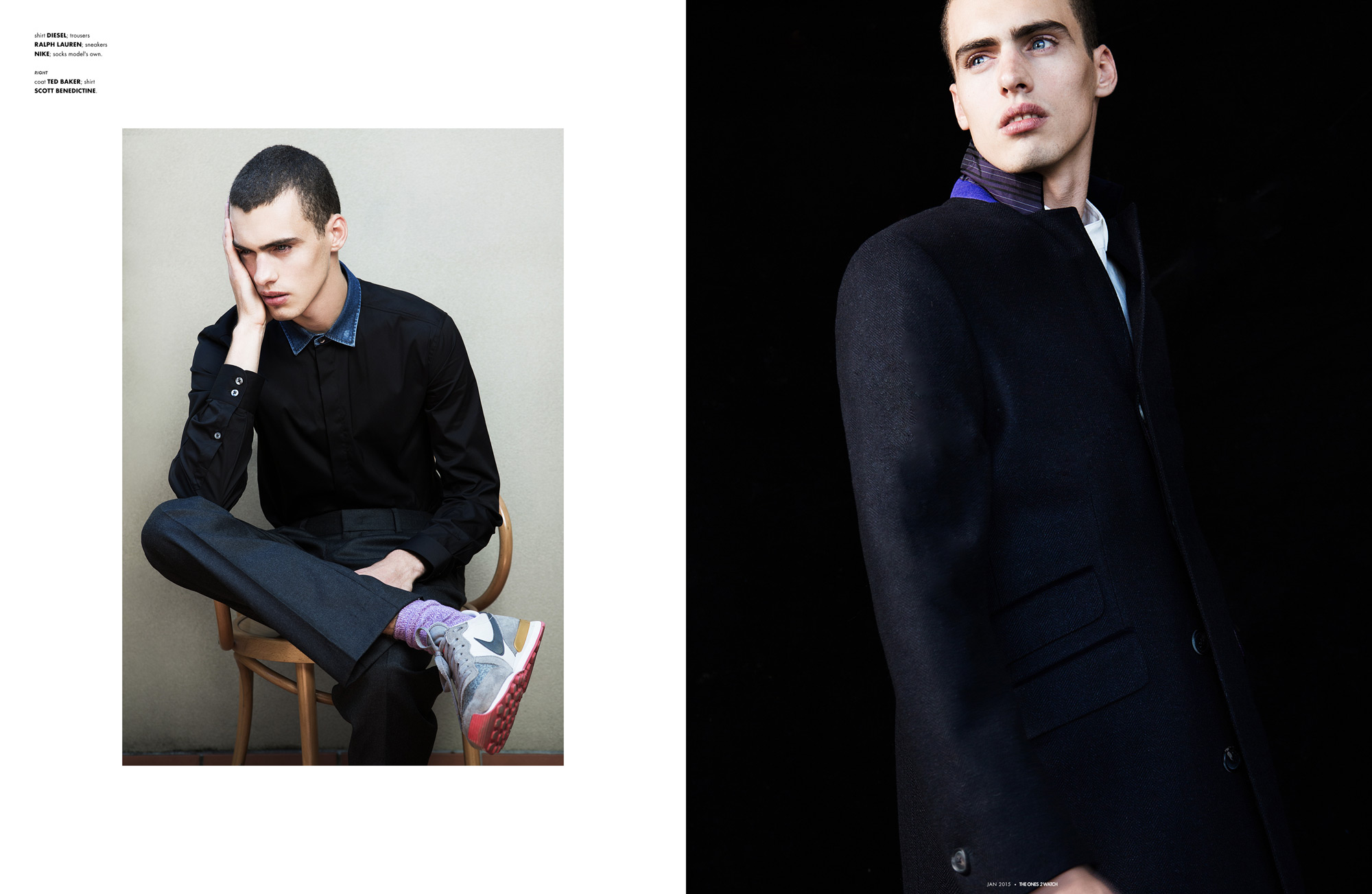 shirt DIESEL; trousers RALPH LAUREN; sneakers NIKE; socks model's own. right: coat TED BAKER; shirt SCOTT BENEDICTINE.