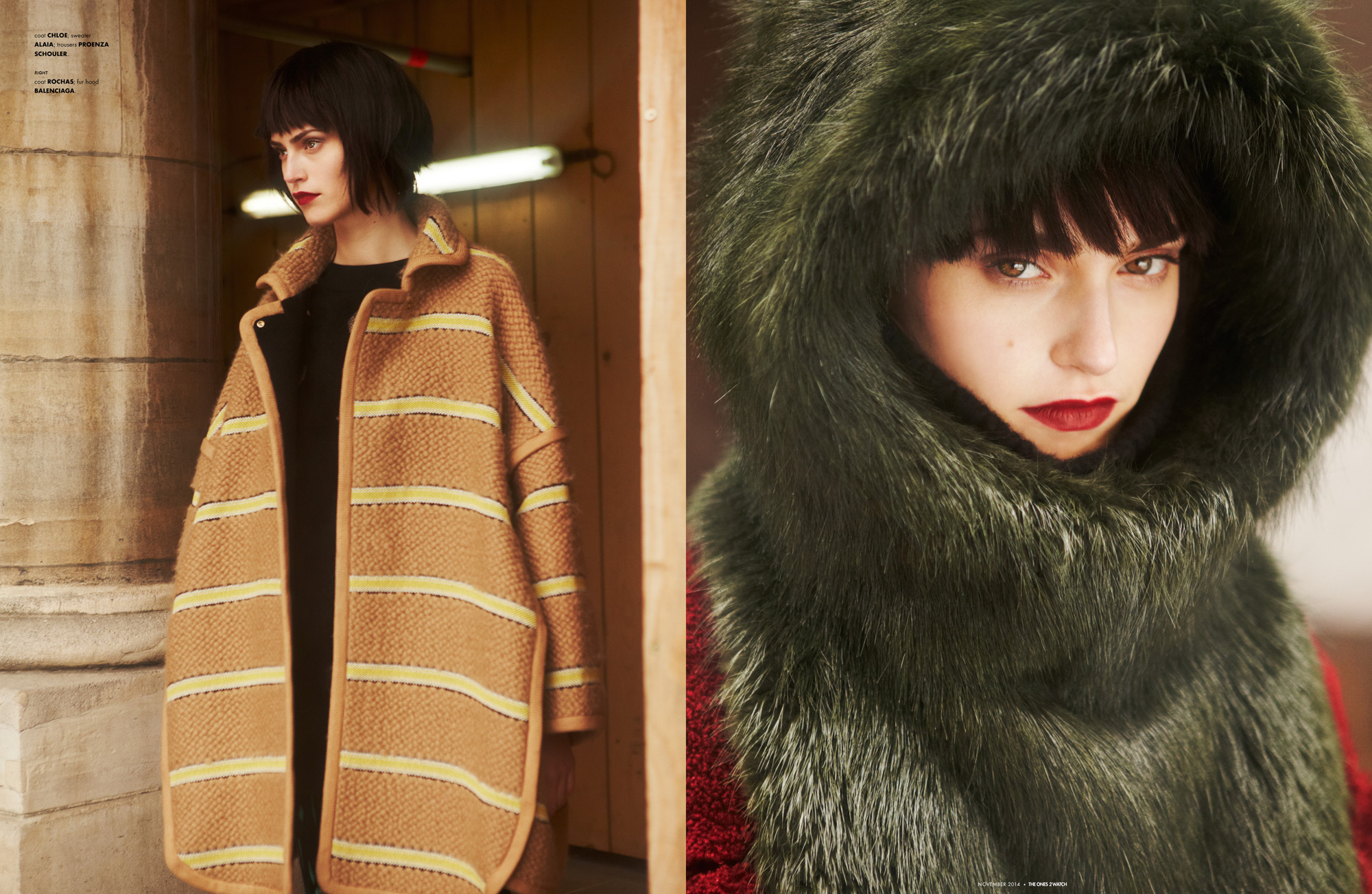 coat CHLOE; sweater ALAIA; trousers PROENZA SCHOULER. right: coat ROCHAS; fur hood BALENCIAGA.