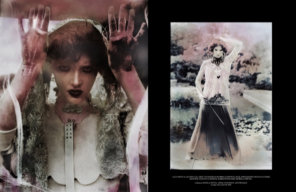 Left: white scalloped dress Taka Naka, nude mesh shirt Fyodor Golan, pink & white harness Naza Yusefi. Right: lace dress & leather collared top Nicole Murray, earrings Lelo, embroidered necklace Chad Burton, headpiece Sayaka Wagatsuma and Angela Hertel.