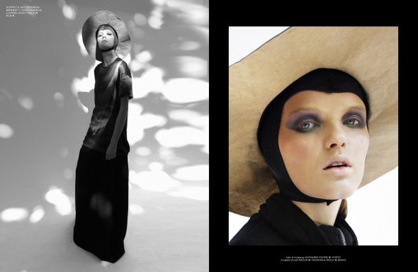 Left: Neele wears bonnet & hat Federica bonnet, t-shirt Markus Lupfer, dress Calvin Klein. Right: bonnet & hat Federica Moretti, sweatshirt Cheap Monday, gilet Giuliano Fujiwara.
