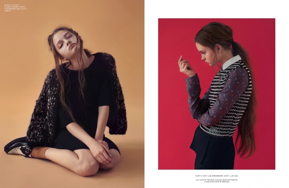 Left: Dress & jacket Clare Tough, shoes Underground, socks Tabio. Right: shirt & vest J.W Anderson, skirt J JS Lee.
