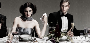 Laine wears silk strapless dress Yves Saint Laurent -  chandelier earrings & black crystal & silver chain bracelet Marie Muenyong - pearl & tulle bracelet Lanvin; Jacob wears shirt & tuxedo Boss Black Label.