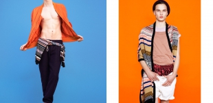 (6) Left: Tronje wears jacket stylist’s own - cardigan Henrik Vibskov - pants American Apparel - shoes Repetto. Right: Gabriel wears cap Wood Wood - shawl Henrik Vibskov - shirts American Apparel & COS - shorts American Apparel - underwear stylist’s own