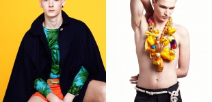 (8) Left: Tronje wears cape American Apparel - shirt Versace for H&M - shorts Rodeo. Right: Gabriel wears trousers Jil Sander - belt stylist’s own - necklace Dietmar Herbert