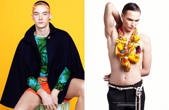 Left: Tronje wears cape American Apparel - shirt Versace for H&M - shorts Rodeo. Right: Gabriel wears trousers Jil Sander - belt stylist’s own - necklace Dietmar Herbert