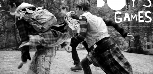 boysgames Ran wears jacket KTZ, raincoat Anemie Verbeke, knit top Jon Amund Sofferud, jeans Levi's, boots Timberland. Lessandro wears sweater H&M, sleeveless denim jacket & kilt Episode, leggings H&M, belt Essentiel, boots American Style. Ward wears shirt Levi's, shorts KTZ, one piece Tabitha Gwyn Osler, backpack Episode