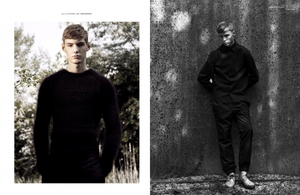 Left: All clothing J.W. Anderson. Right: All clothing Wooyoungmi, shoes Dr Martens.