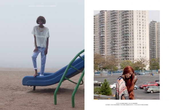 (L) sheer top Acne - jeans Eley Kishimoto - necklace Sabrina Dehoff. (R) knitted cape Henrik Vibskov - necklace Minimarket
