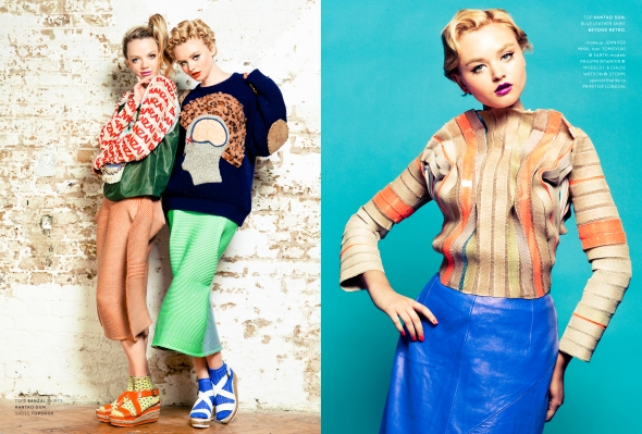 Left: tops Banzai, skirts Hantao Sun, shoes Topshop. Right: Philippa wears top Hantao Sun, blue leather skirt Beyond Retro.
