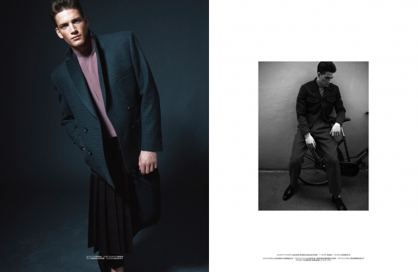 Left: jacket Z Zegna - shirt & pants Prada - kilt Kenzo Homme - shoes Church’s. Right: jacket & pants Calvin Klein Collection - t-shirt Zara - shoes Church’s