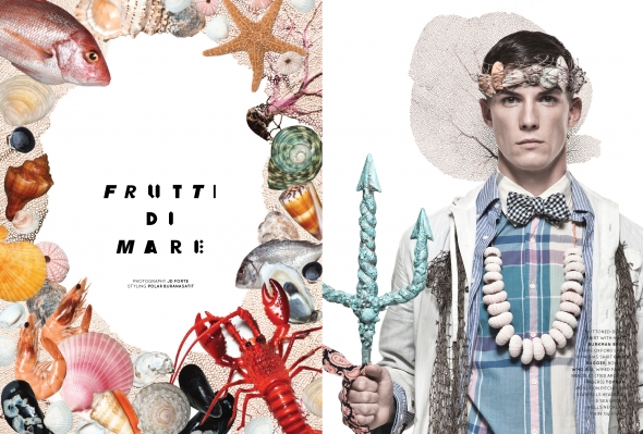 buttoned-down shirt with hood Burkman Bros, stripe oxford shirt & Madras shirt GANT Rugger, bow tie Who.A.U, wired fabric bracelet (tied around fingers) Topman, Poseidon pitchfork, seashells headband, & sea urchin shells necklace made by stylist.