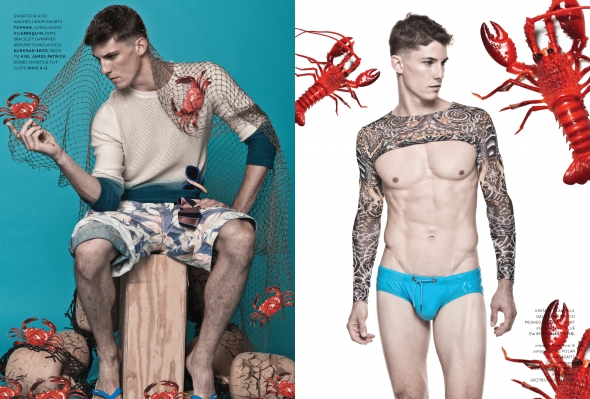 Left: sweater & acid washed denim shorts Topman, sunglasses Vilebrequin, rope bracelet (wrapped around sunglasses) Burkman Bros, neck tie Kiel James Patrick, board shorts & flip flops Who.A.U. Right: vintage Jean Paul Gaultier stretch meshed tattoo t-shirt stylist’s own, blue swimsuit Nasty Pig.