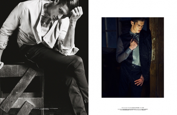 Left: shirt Timo Weiland - jacket Rochambeau - trousers Bespoken - belt Shipley & Halmos. Right: shirt, blazer & trousers Miguel Antoinne - belt D&G