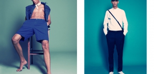 (4) Left: jacket Pepe Jeans London - shorts Topman - collar stylist’s own. Right: shirt DKNY - pants Calvin Klein Jeans - bag Cerruti 1881 - shoes Converse