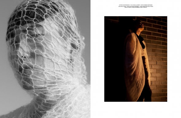 Left: knitted piece Steven Oo. Right: knitted cape Steven Oo - cowl tank All Saints - pants Vivienne Westwood