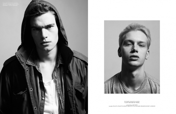 Left: Philipp Schmidt wears jacket vintage, denim shirt Topman, t-shirt Avelon. Right: Richard Kranzin wears t-shirt Mother of Pearl.
