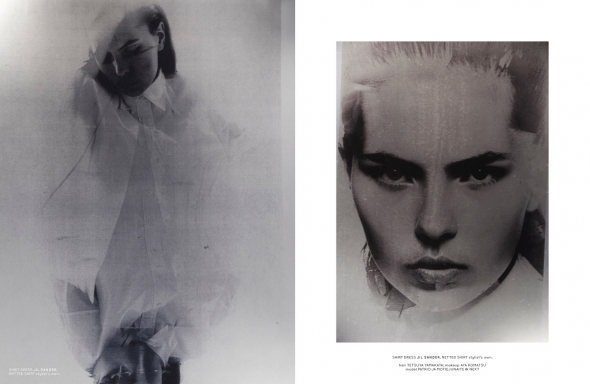 Left: shirt dress Jil Sander, netted shirt stylist’s own. Right: shirt dress Jil Sander, netted shirt stylist’s own.