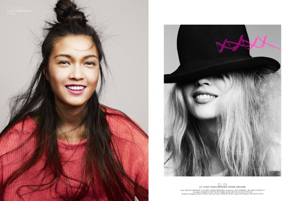 Left: Charo wears blouse Norma Kamali vintage. Right: Elin wears hat What Goes Around Comes Around.