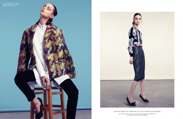 Left: jacket Antoni & Alison, shirt Cacharel, trousers Obakki, shoes Finsk. Right: shirt Rag & Bone, skirt Vanessa G., belt Teatum Jones, shoes Hasbeens.