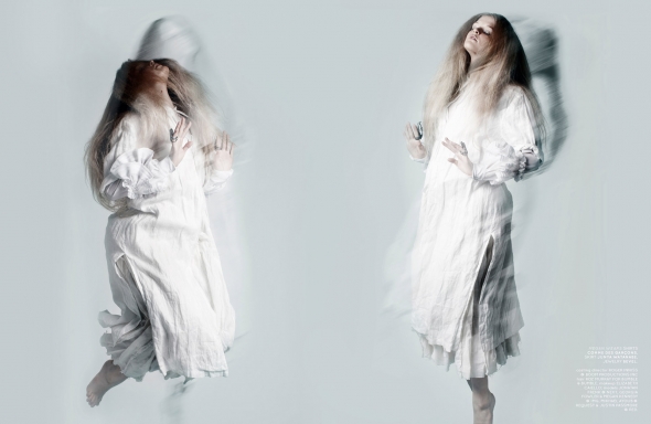 Megan wears shirts Comme des Garçons, skirt Junya Watanabe, jewelry Bevel.